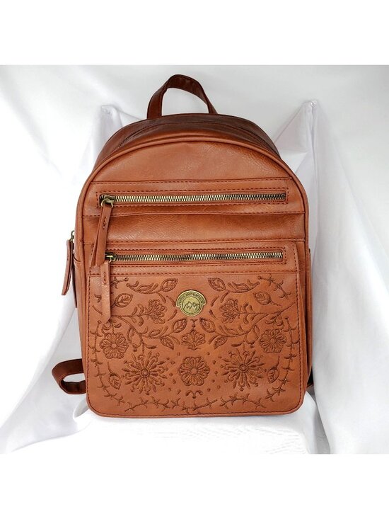 White Mountain Handbags - White Mountain Womens Tan Brown Faux Leather Backpack With Floral Embroidery NWT